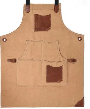 One Size Fits Utility Apron | Adjustable Cross-Back Straps | Multi-Use Shop Apron With Tool Pockets By Aaron Leather Goods (Coffee, Canvas Leather)