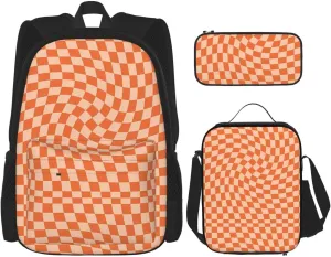 Orange Check Multifunctional Pocket Backpack Crossbody Lunch Bag Pencil Case 3Pcs Set Large Capacity Backpack