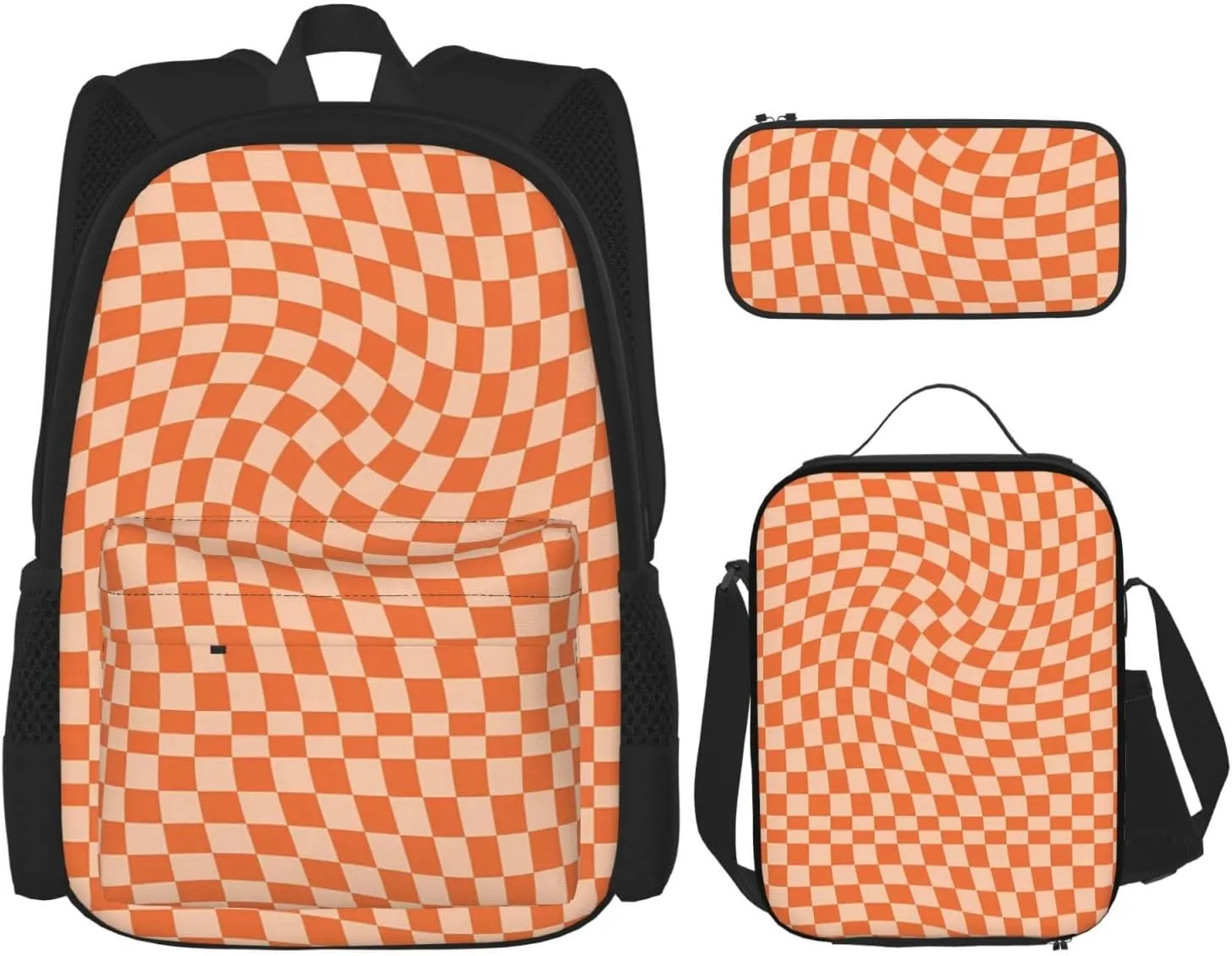 Orange Check Multifunctional Pocket Backpack Crossbody Lunch Bag Pencil Case 3Pcs Set Large Capacity Backpack