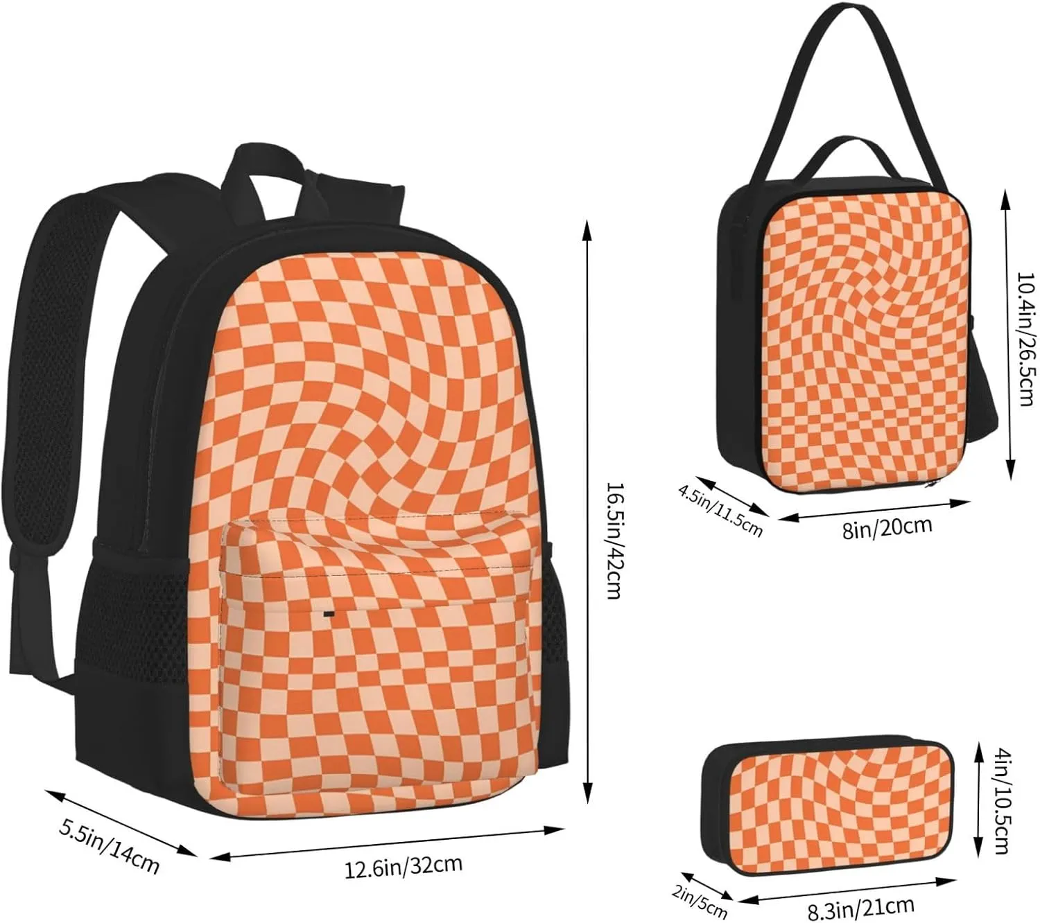 Orange Check Multifunctional Pocket Backpack Crossbody Lunch Bag Pencil Case 3Pcs Set Large Capacity Backpack