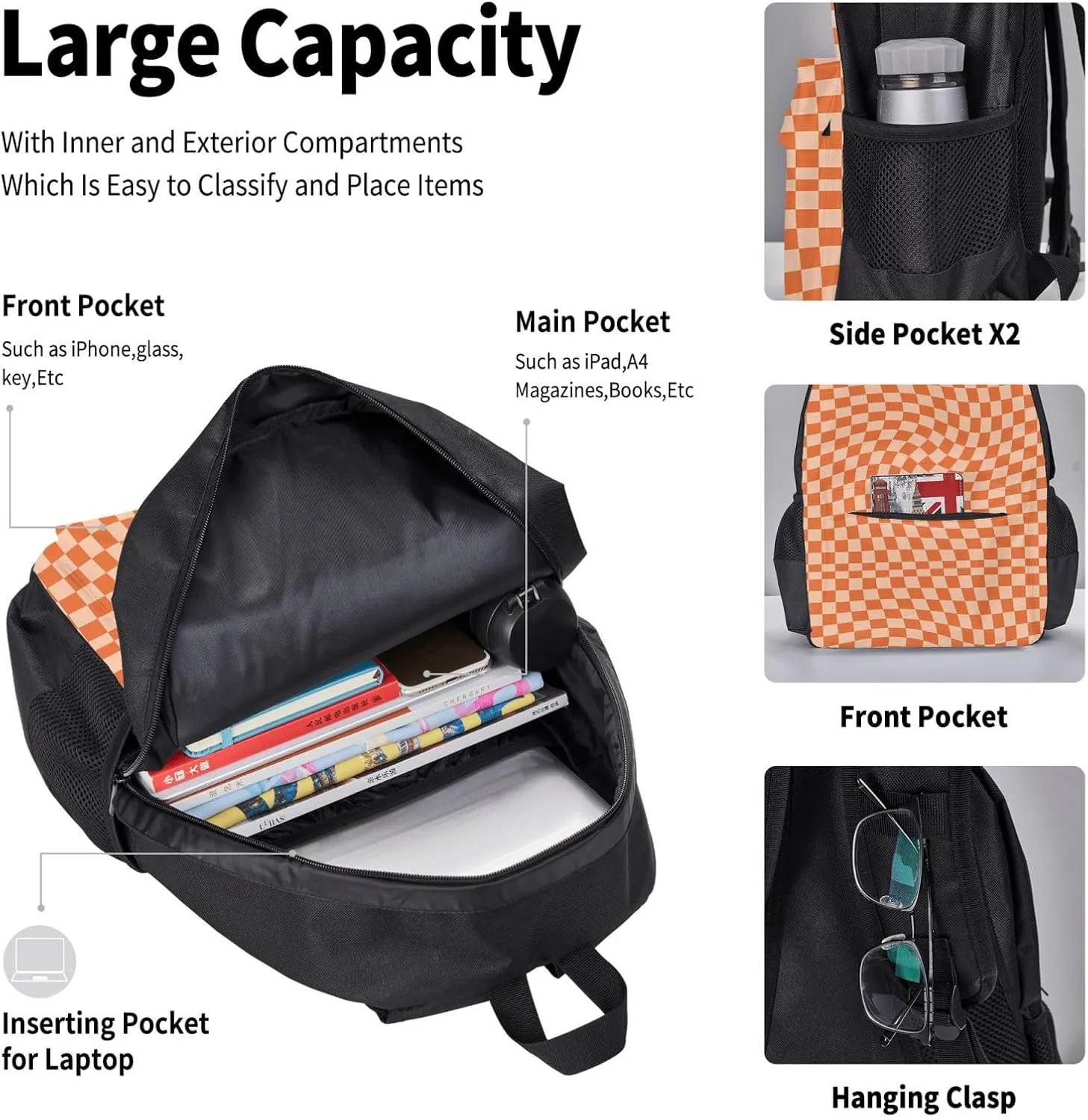 Orange Check Multifunctional Pocket Backpack Crossbody Lunch Bag Pencil Case 3Pcs Set Large Capacity Backpack