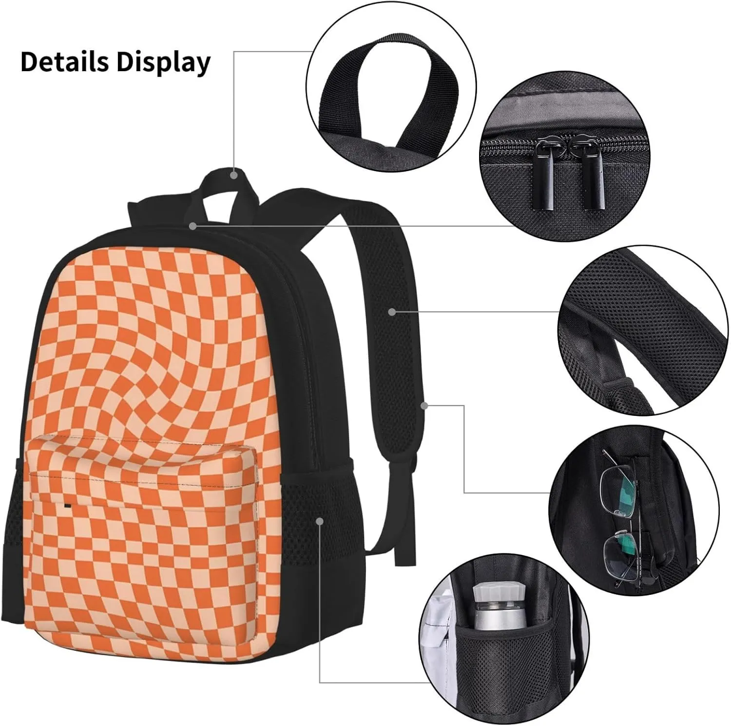 Orange Check Multifunctional Pocket Backpack Crossbody Lunch Bag Pencil Case 3Pcs Set Large Capacity Backpack