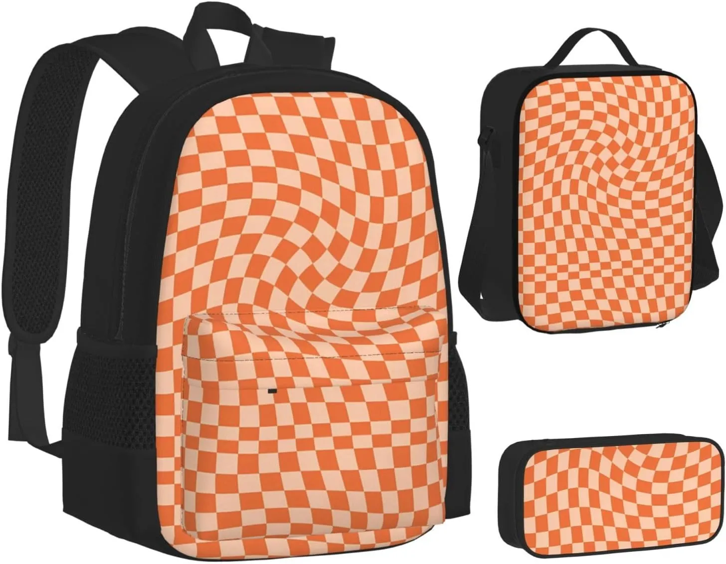 Orange Check Multifunctional Pocket Backpack Crossbody Lunch Bag Pencil Case 3Pcs Set Large Capacity Backpack