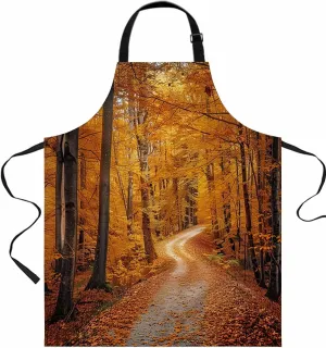 Orange Forest Path Waterproof Apron With Pockets, Autumn Fall Nature Tree Landscape Kitchen Chefs Bib Cooking BBQ Grill Bake Adjustable Aprons for Women/Kids Home Garden Grooming Painting Gardening