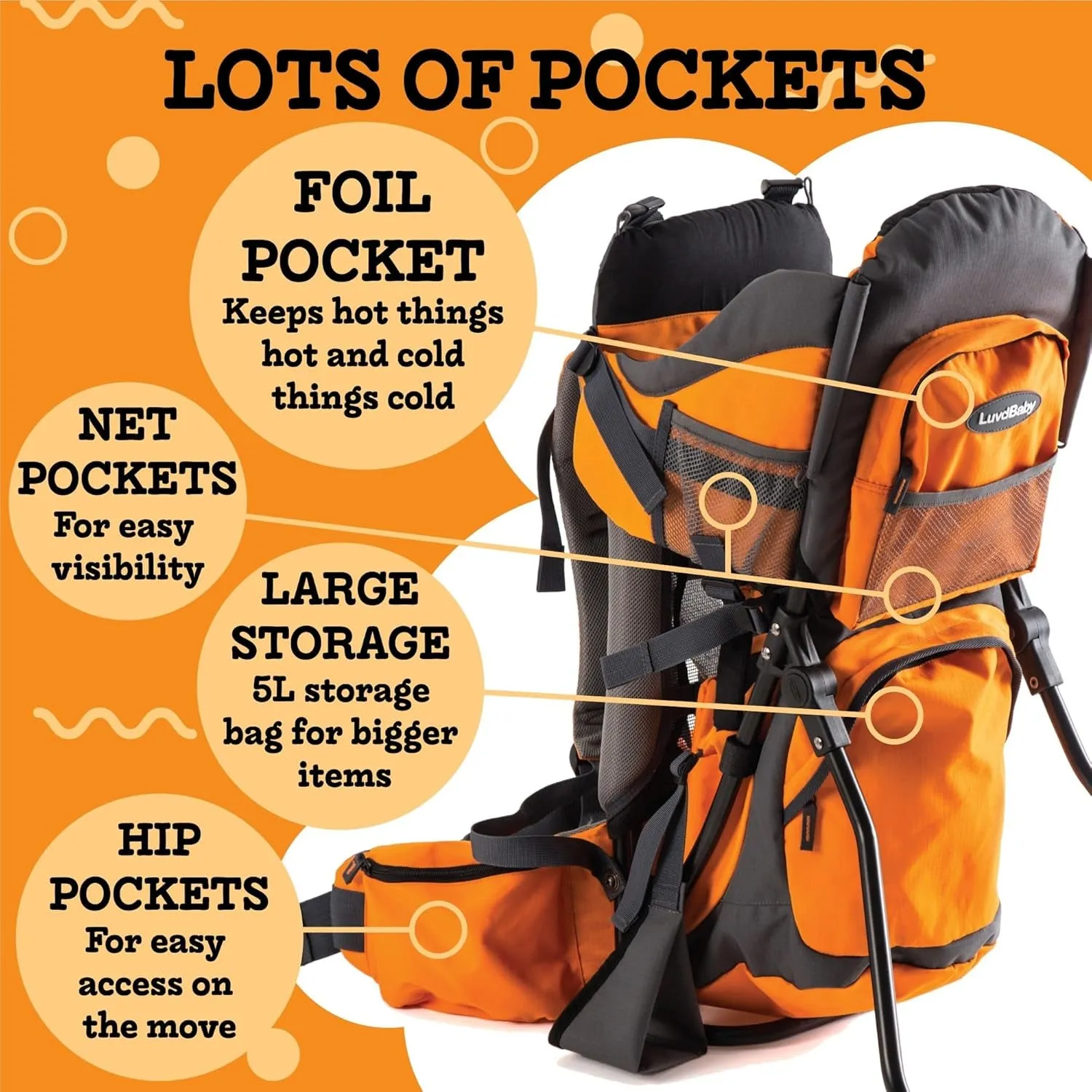 Orange Hiking Baby Carrier Backpack System with Diaper Change Pad, Insulated Pocket   Hood to Protect Your Child