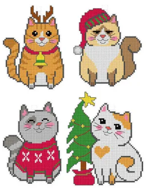 Orchidea Cross Stitch Kit- Set of  4 Christmas Cats
