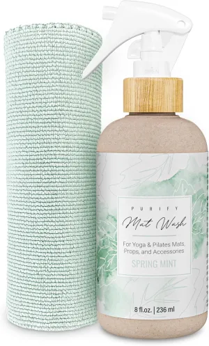 Organic Yoga Mat Cleaner Spray | 8 fl oz With Microfiber Cloth | Made in USA | Yoga Mat Spray for All Mats and Pilates   Yoga Accessories | Gym Equipment Cleaner