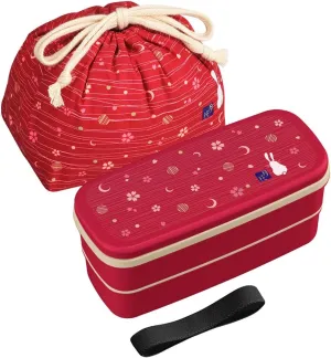 OSK Japanese Traditional Rabbit Moon Bento Box Set, PW-28C Renewal Version, Microwave-safe, Dishwasher-safe, Chopsticks, Bento Bag, Red