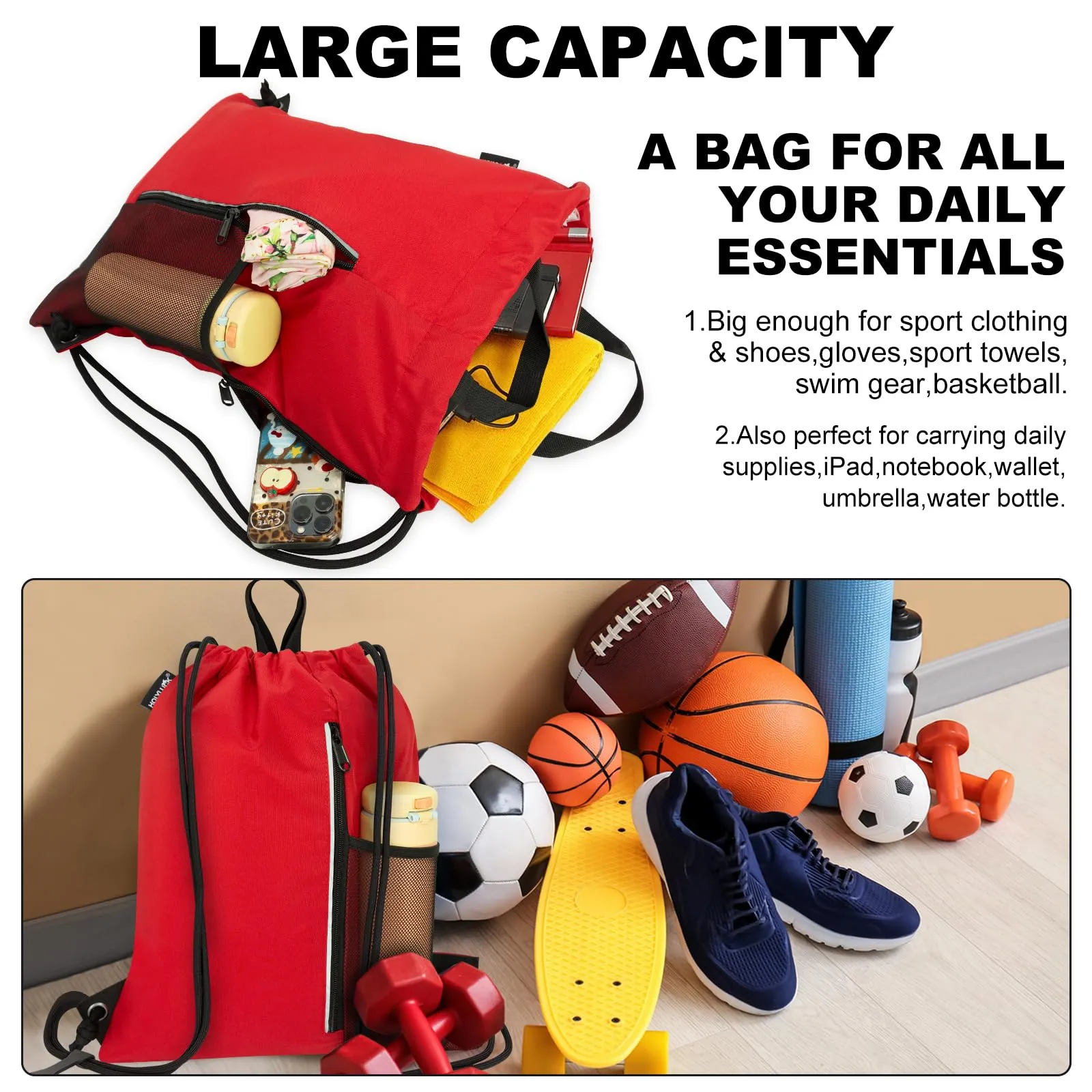 Outdoor Sport Gym Sack Waterproof Drawstring Backpack Bag Red HLC005