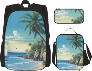 Palm Tree Rocky Shore Print 3 In 1 Backpack Set With Lunch Bag And Pencil Case,Suitable Work,Picnic,Travel