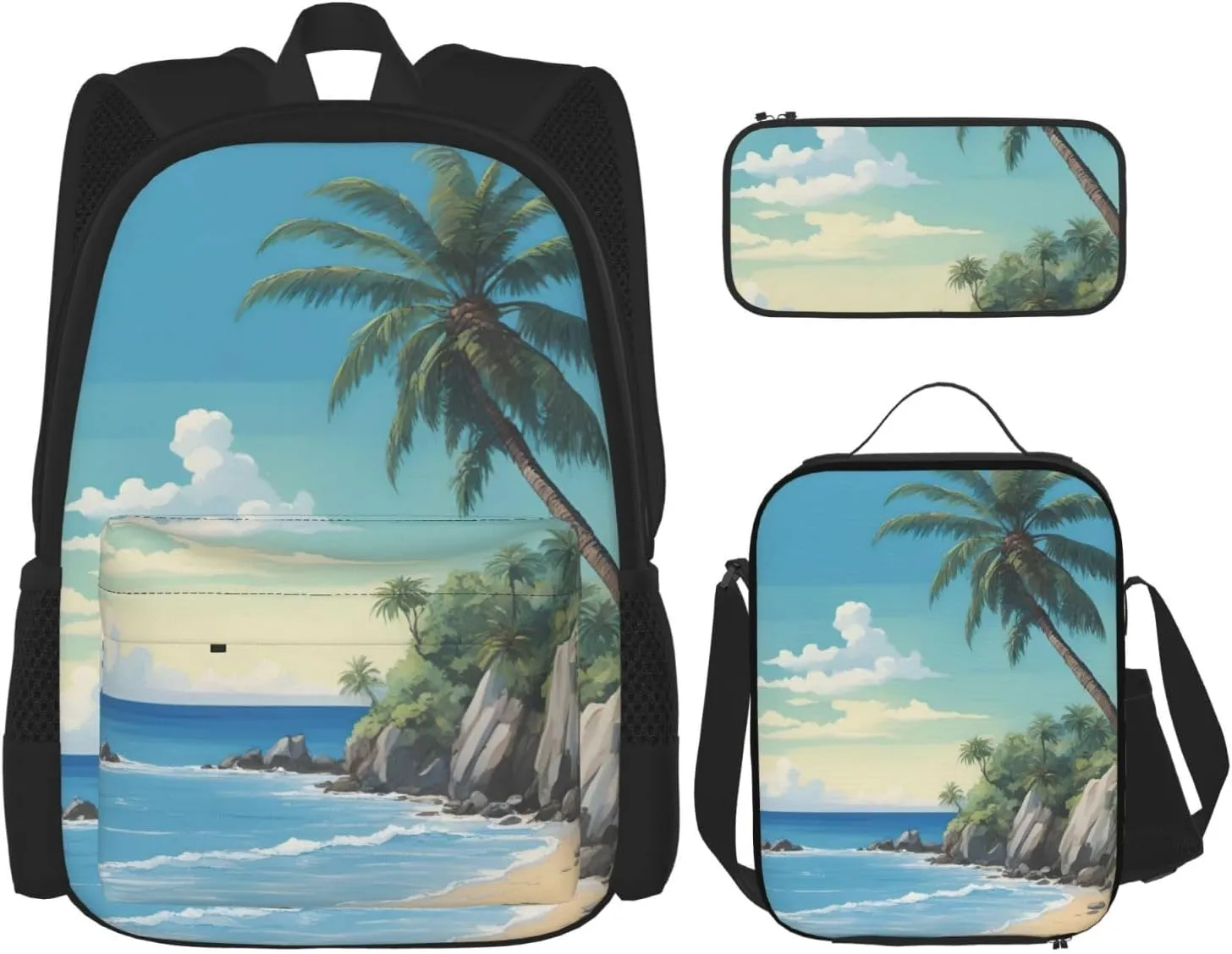 Palm Tree Rocky Shore Print 3 In 1 Backpack Set With Lunch Bag And Pencil Case,Suitable Work,Picnic,Travel