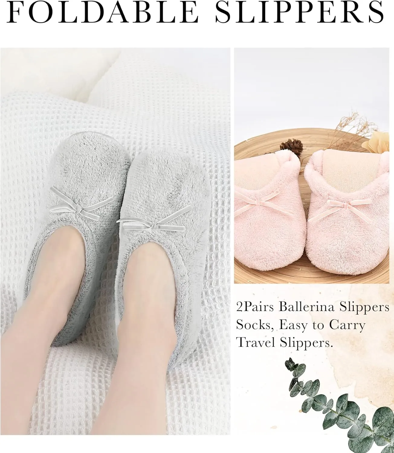 Panda Bros 2 Pairs Women's Ballerina House Slippers, Anti-Skid Comfy Warm Ballet Style Slippers