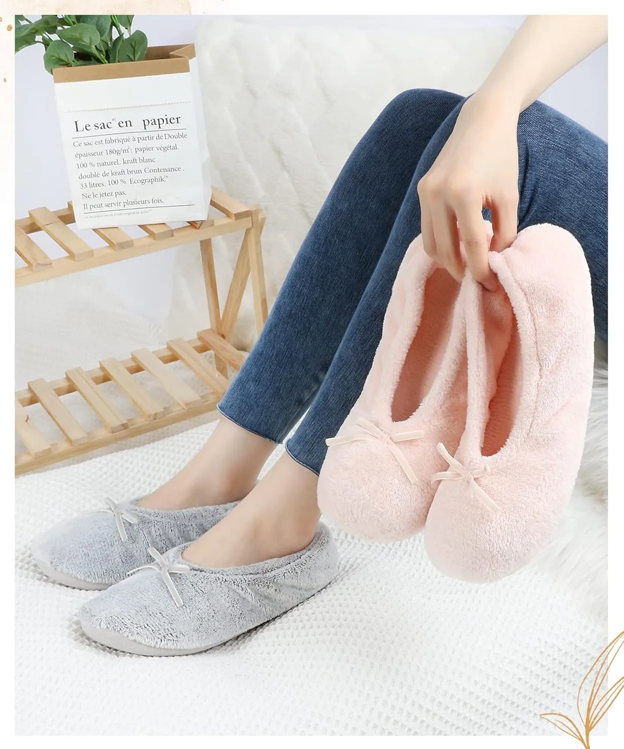 Panda Bros 2 Pairs Women's Ballerina House Slippers, Anti-Skid Comfy Warm Ballet Style Slippers