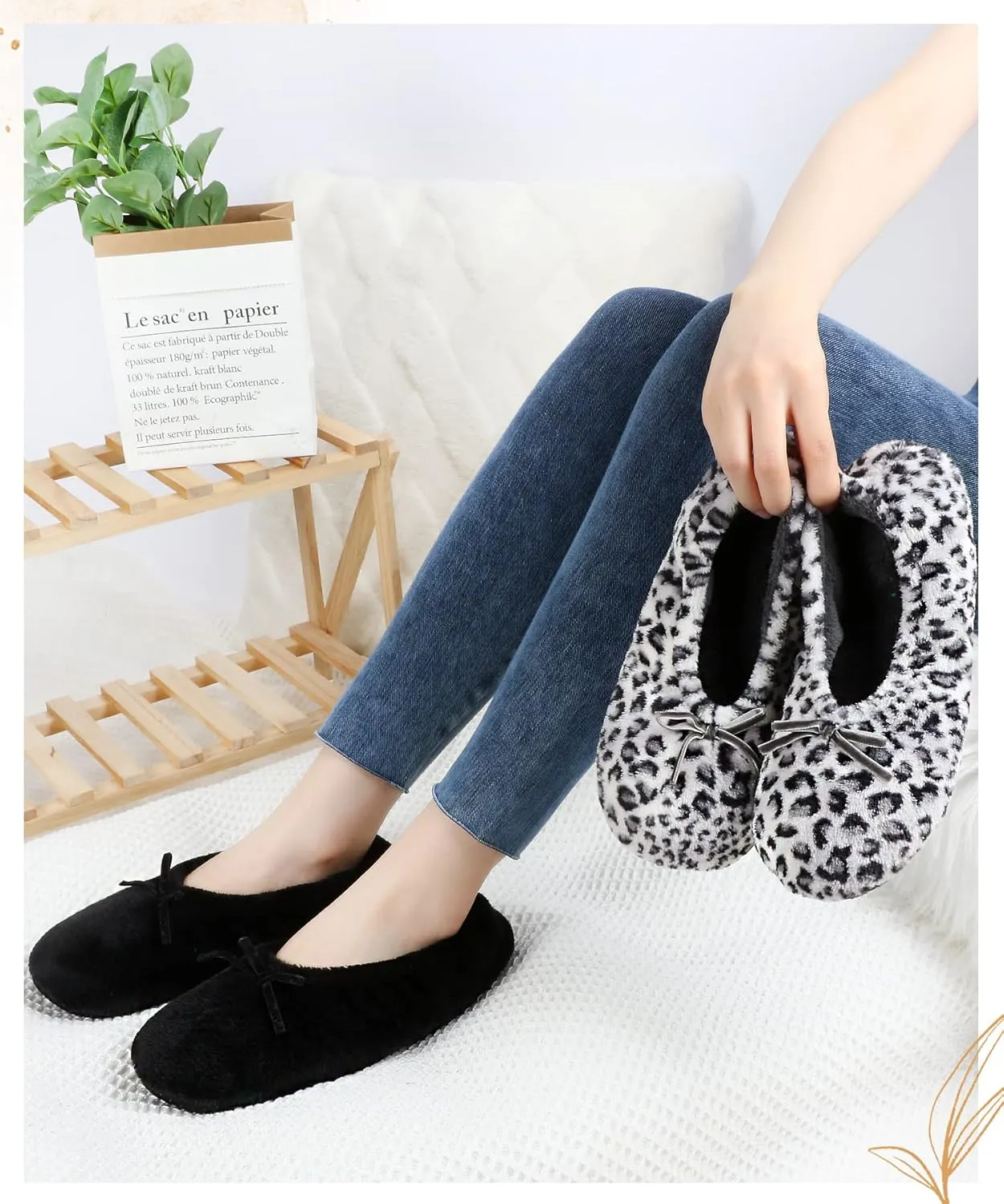Panda Bros 2 Pairs Women's Ballerina House Slippers, Anti-Skid Comfy Warm Ballet Style Slippers