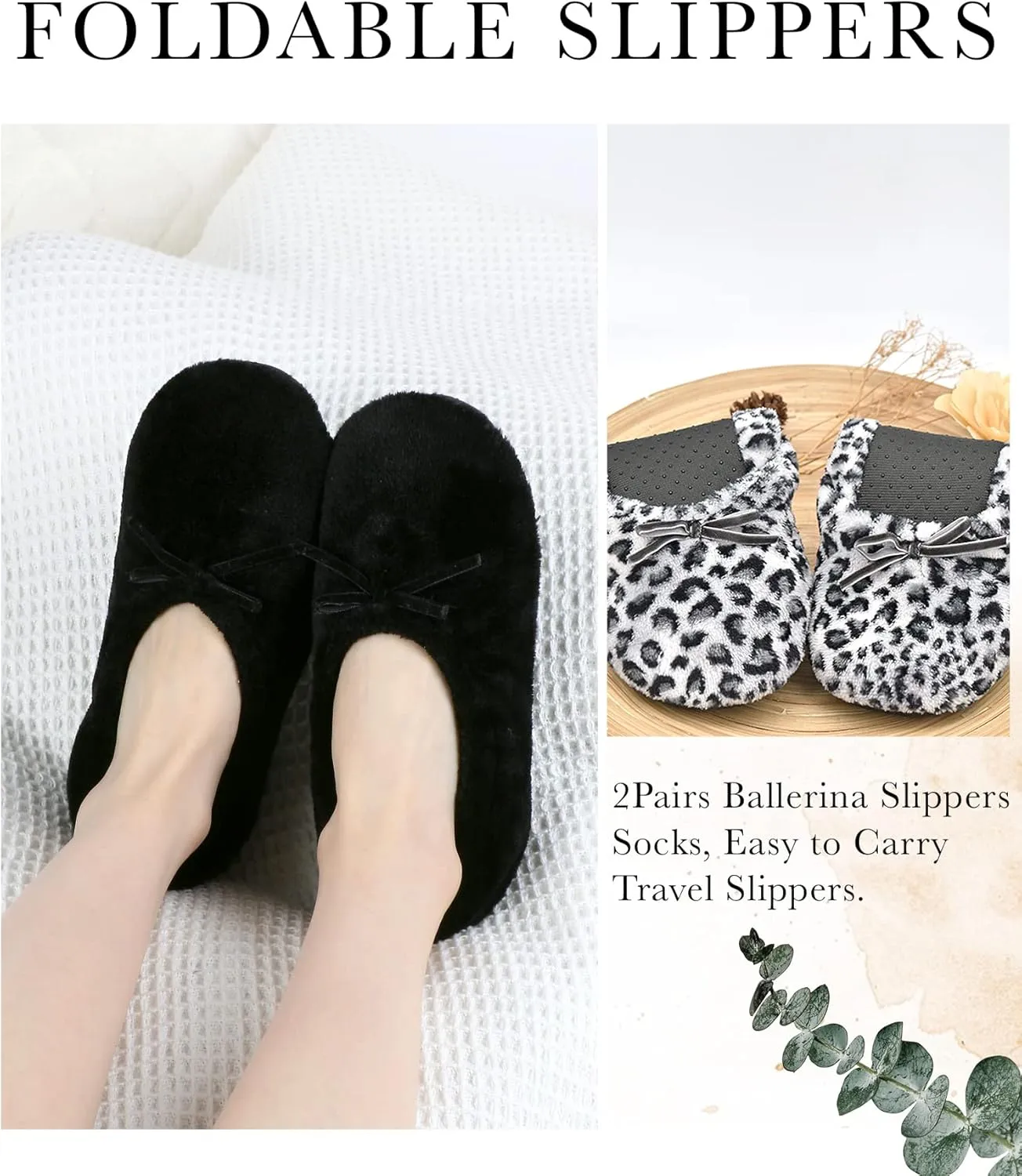 Panda Bros 2 Pairs Women's Ballerina House Slippers, Anti-Skid Comfy Warm Ballet Style Slippers