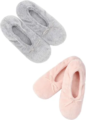 Panda Bros 2 Pairs Women's Ballerina House Slippers, Anti-Skid Comfy Warm Ballet Style Slippers