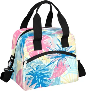 Pastel Tropic Leaves Large Lunch Bag Insulated Lunch Box for Women and Men Colorful Lunch Tote Bag with Adjustable Shoulder Strap for Office Work Picnic Hiking Beach Fishing