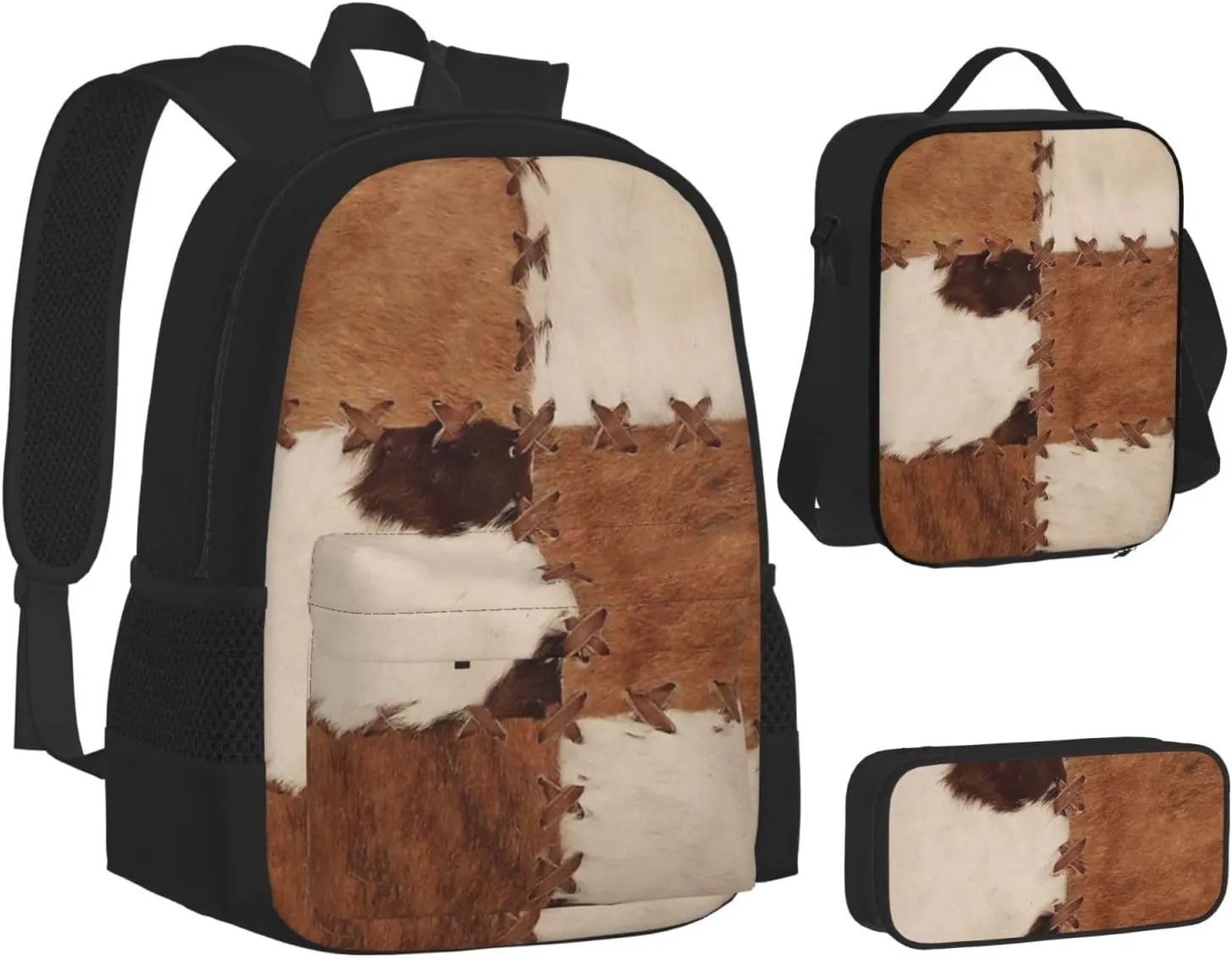 Patchwork cowhide rustic western decor Multifunctional Pocket Backpack Crossbody Lunch Bag Pencil Case 3Pcs Set Large Capacity Backpack