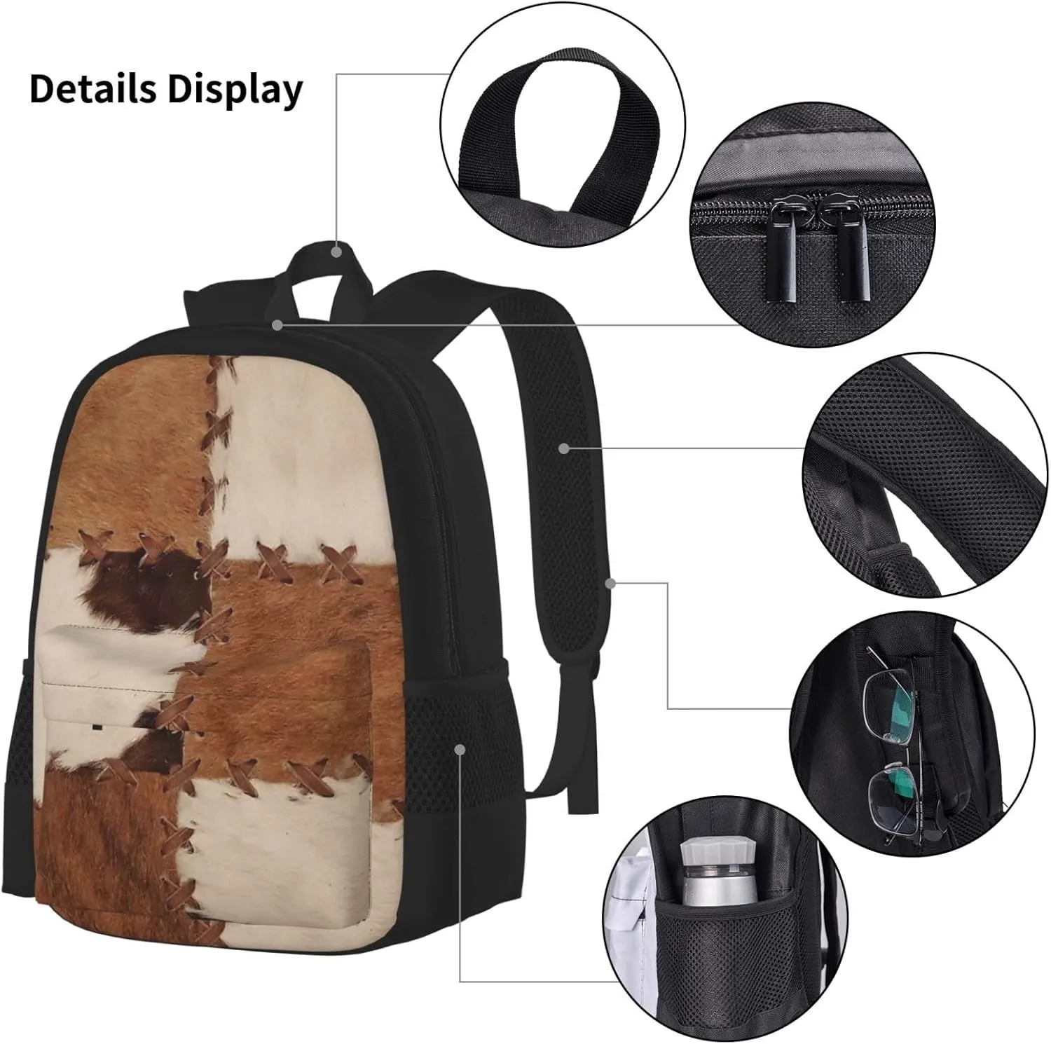 Patchwork cowhide rustic western decor Multifunctional Pocket Backpack Crossbody Lunch Bag Pencil Case 3Pcs Set Large Capacity Backpack