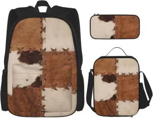 Patchwork cowhide rustic western decor Multifunctional Pocket Backpack Crossbody Lunch Bag Pencil Case 3Pcs Set Large Capacity Backpack