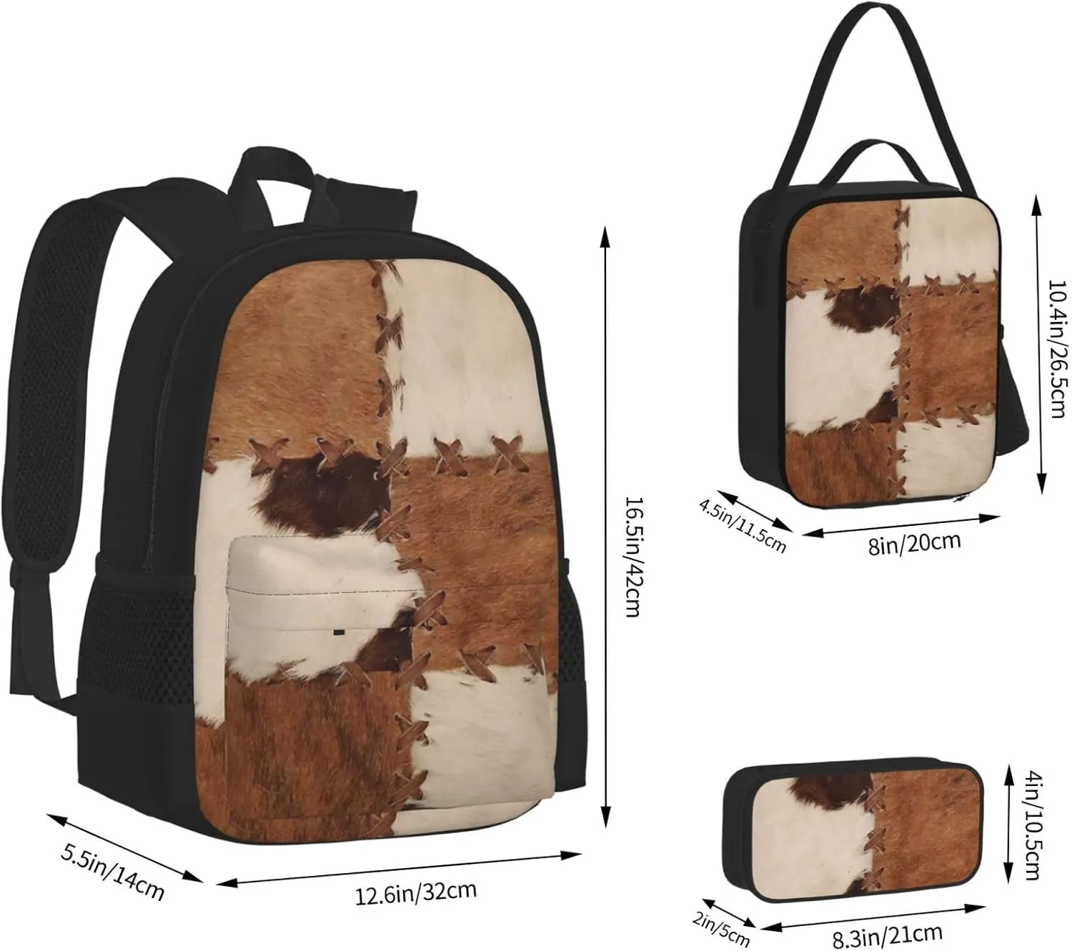 Patchwork cowhide rustic western decor Multifunctional Pocket Backpack Crossbody Lunch Bag Pencil Case 3Pcs Set Large Capacity Backpack