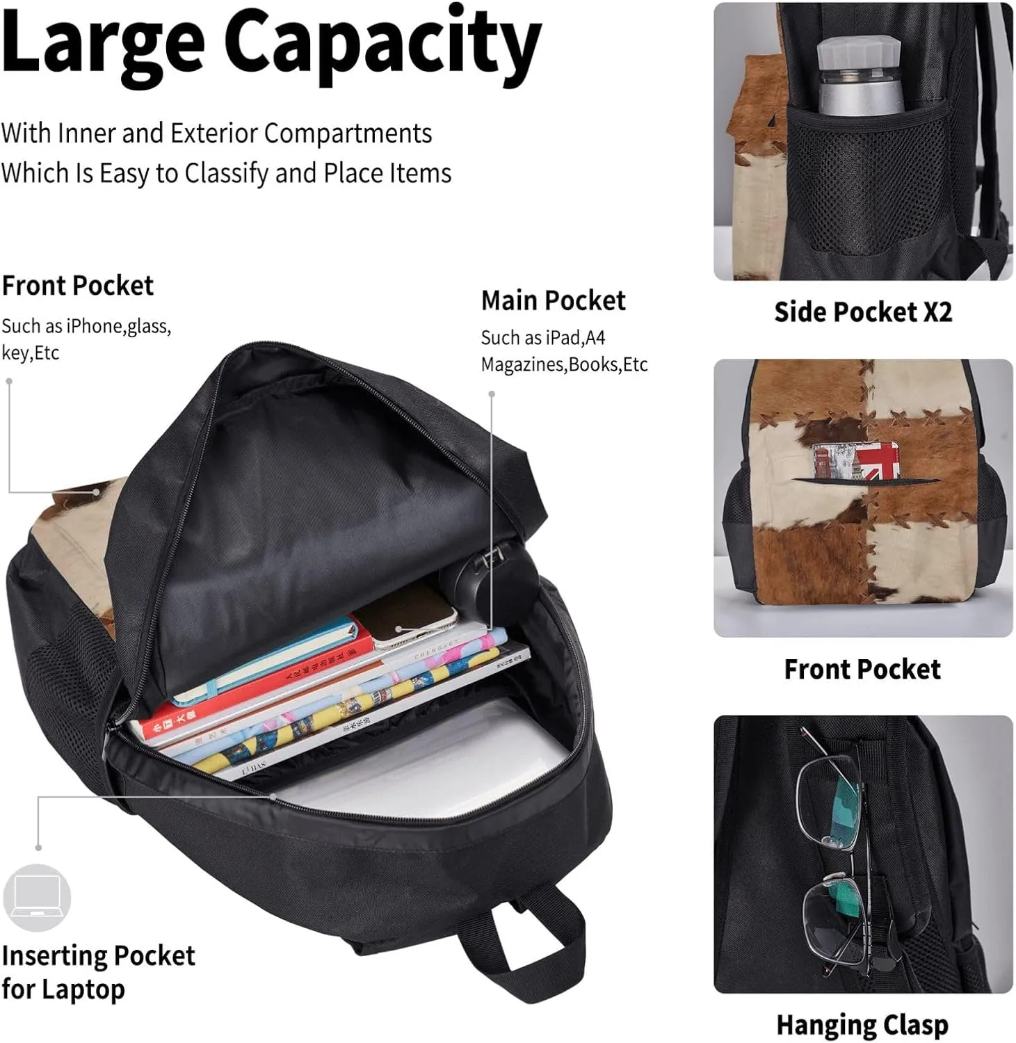 Patchwork cowhide rustic western decor Multifunctional Pocket Backpack Crossbody Lunch Bag Pencil Case 3Pcs Set Large Capacity Backpack