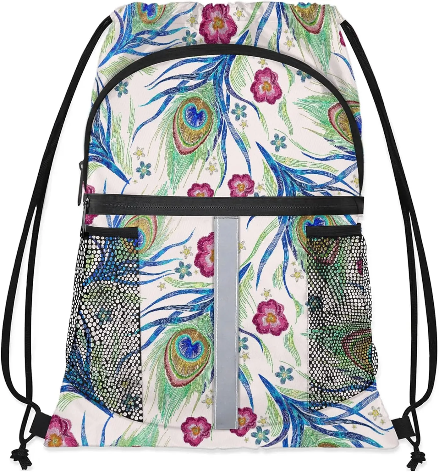 Peacock Blue Feather Drawstring Backpack Waterproof String Bag Sports Gym Sackpack with Side Pocket for Men and Women
