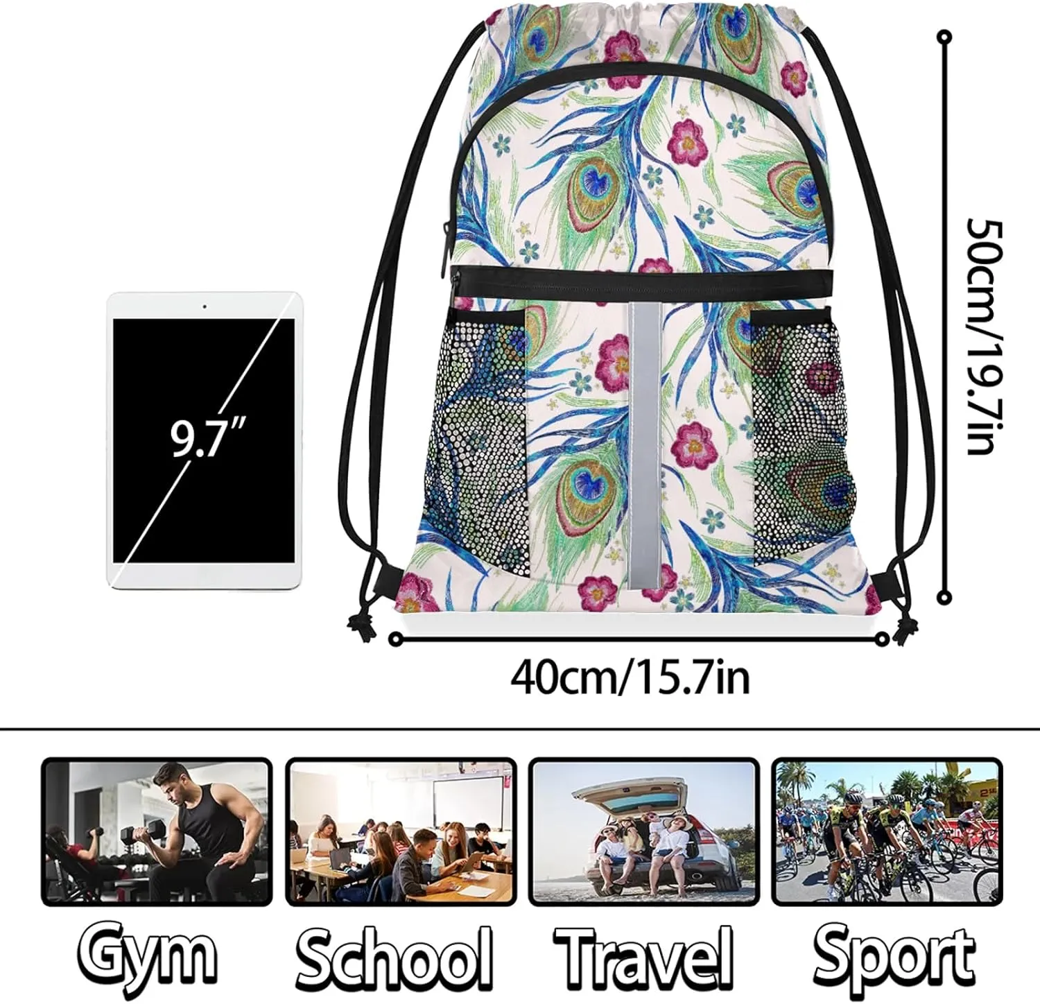 Peacock Blue Feather Drawstring Backpack Waterproof String Bag Sports Gym Sackpack with Side Pocket for Men and Women