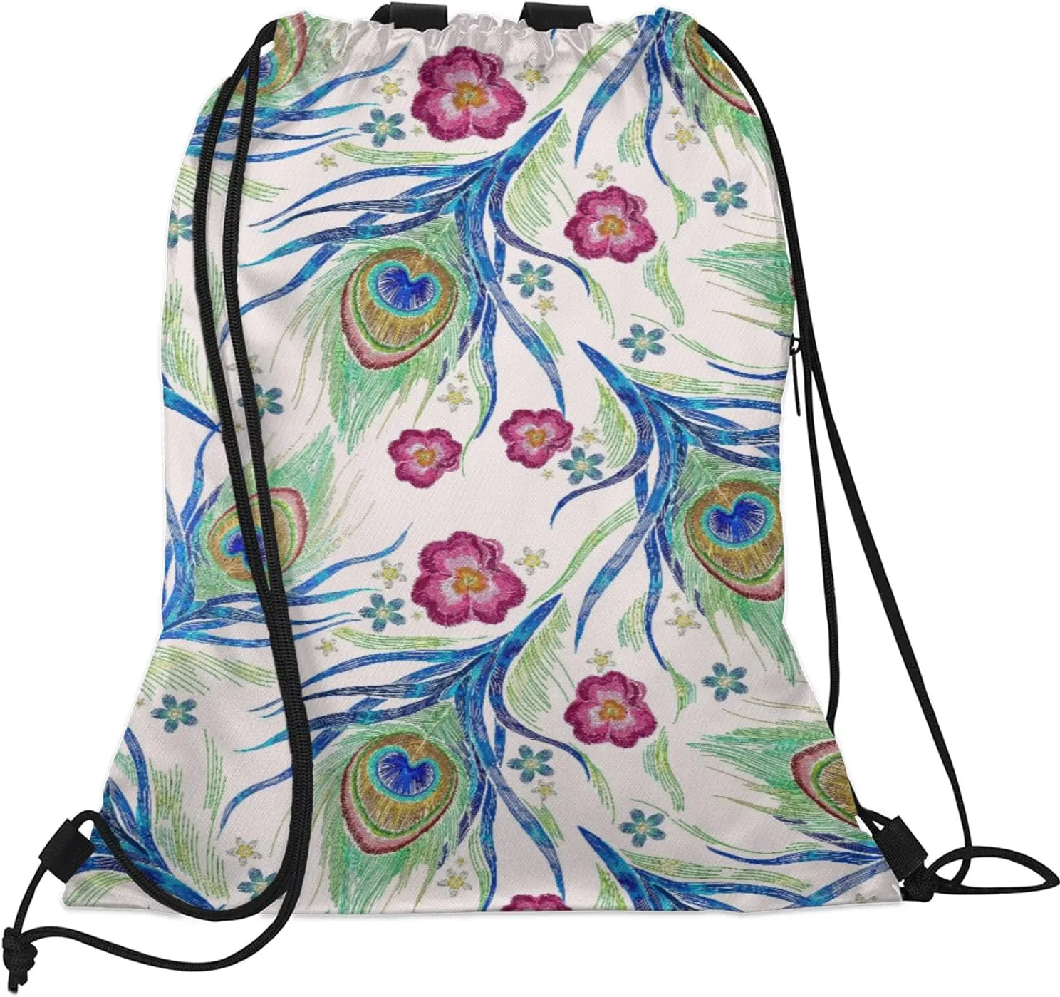 Peacock Blue Feather Drawstring Backpack Waterproof String Bag Sports Gym Sackpack with Side Pocket for Men and Women