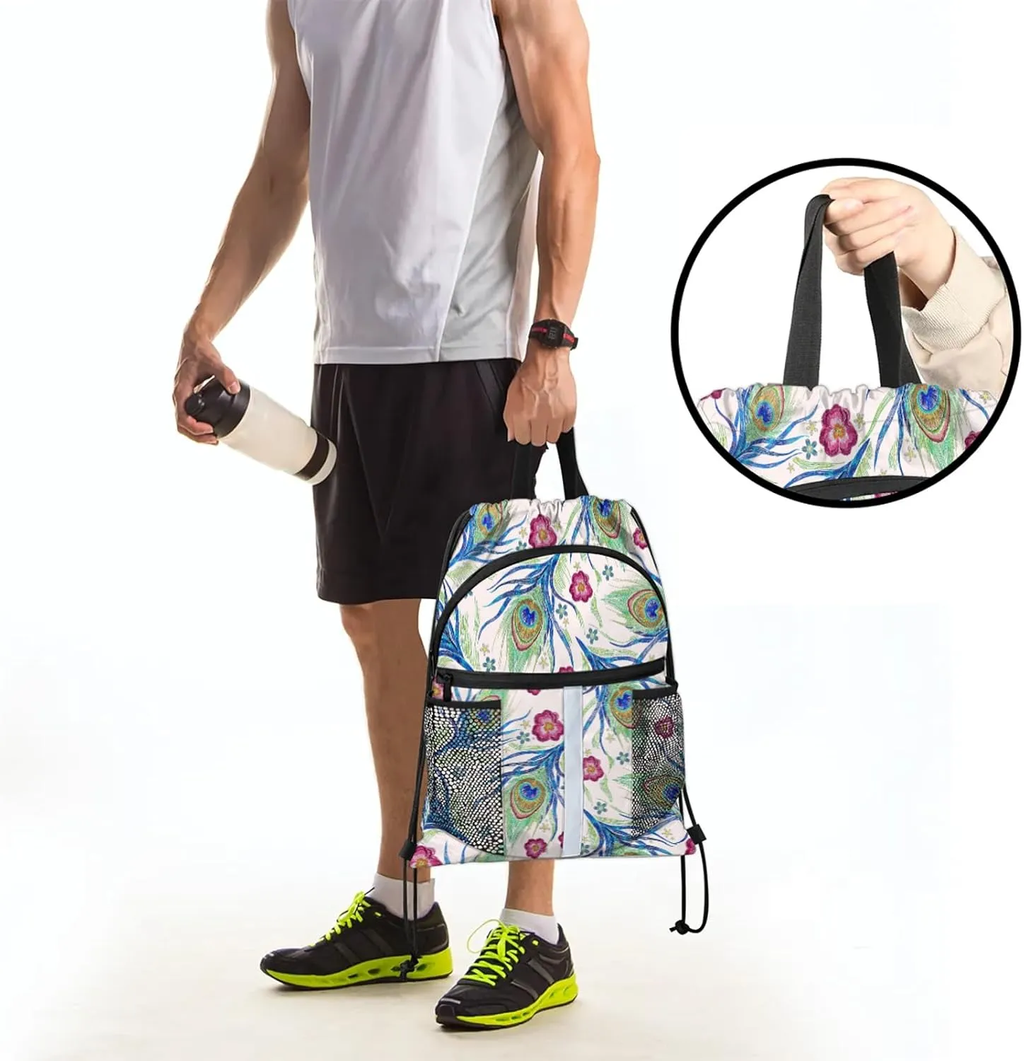 Peacock Blue Feather Drawstring Backpack Waterproof String Bag Sports Gym Sackpack with Side Pocket for Men and Women