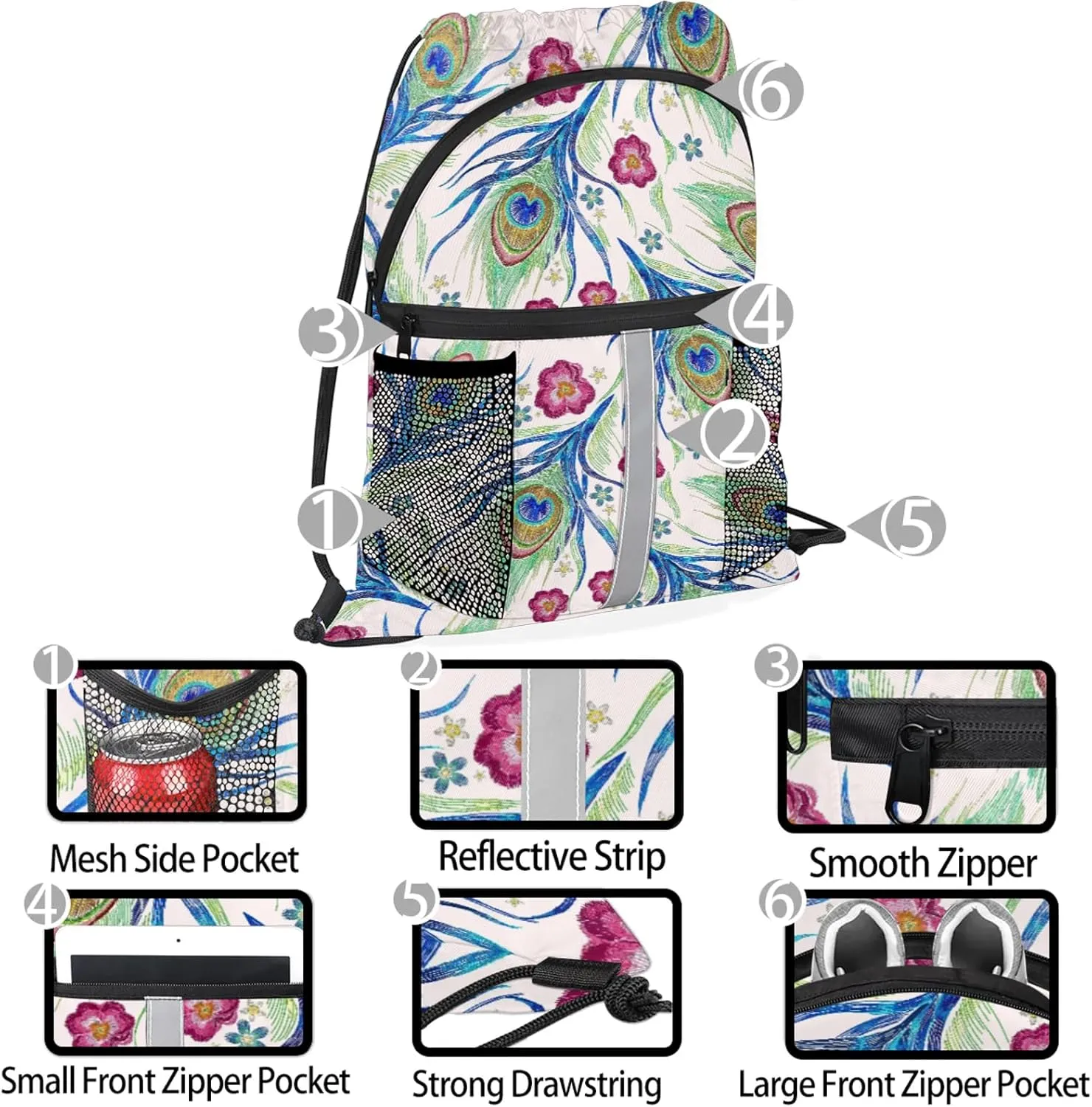 Peacock Blue Feather Drawstring Backpack Waterproof String Bag Sports Gym Sackpack with Side Pocket for Men and Women