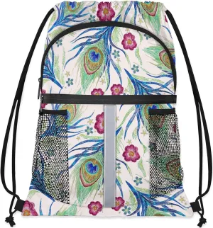 Peacock Blue Feather Drawstring Backpack Waterproof String Bag Sports Gym Sackpack with Side Pocket for Men and Women