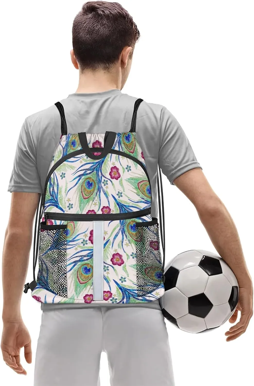Peacock Blue Feather Drawstring Backpack Waterproof String Bag Sports Gym Sackpack with Side Pocket for Men and Women