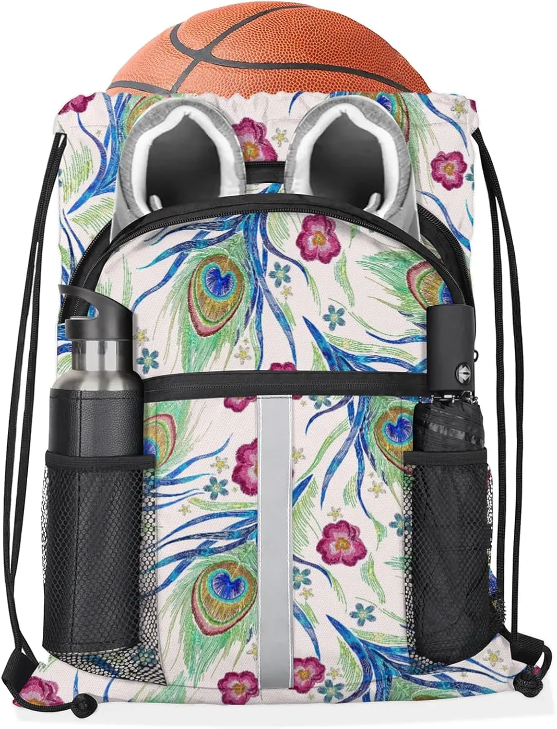 Peacock Blue Feather Drawstring Backpack Waterproof String Bag Sports Gym Sackpack with Side Pocket for Men and Women