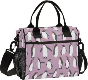 Penguin Purple Lunch Bag Reusable Insulated Lunch Box Cooler Tote Removable Shoulder Strap Meal Picnic Bags for Outdoor Travel Office Work Small