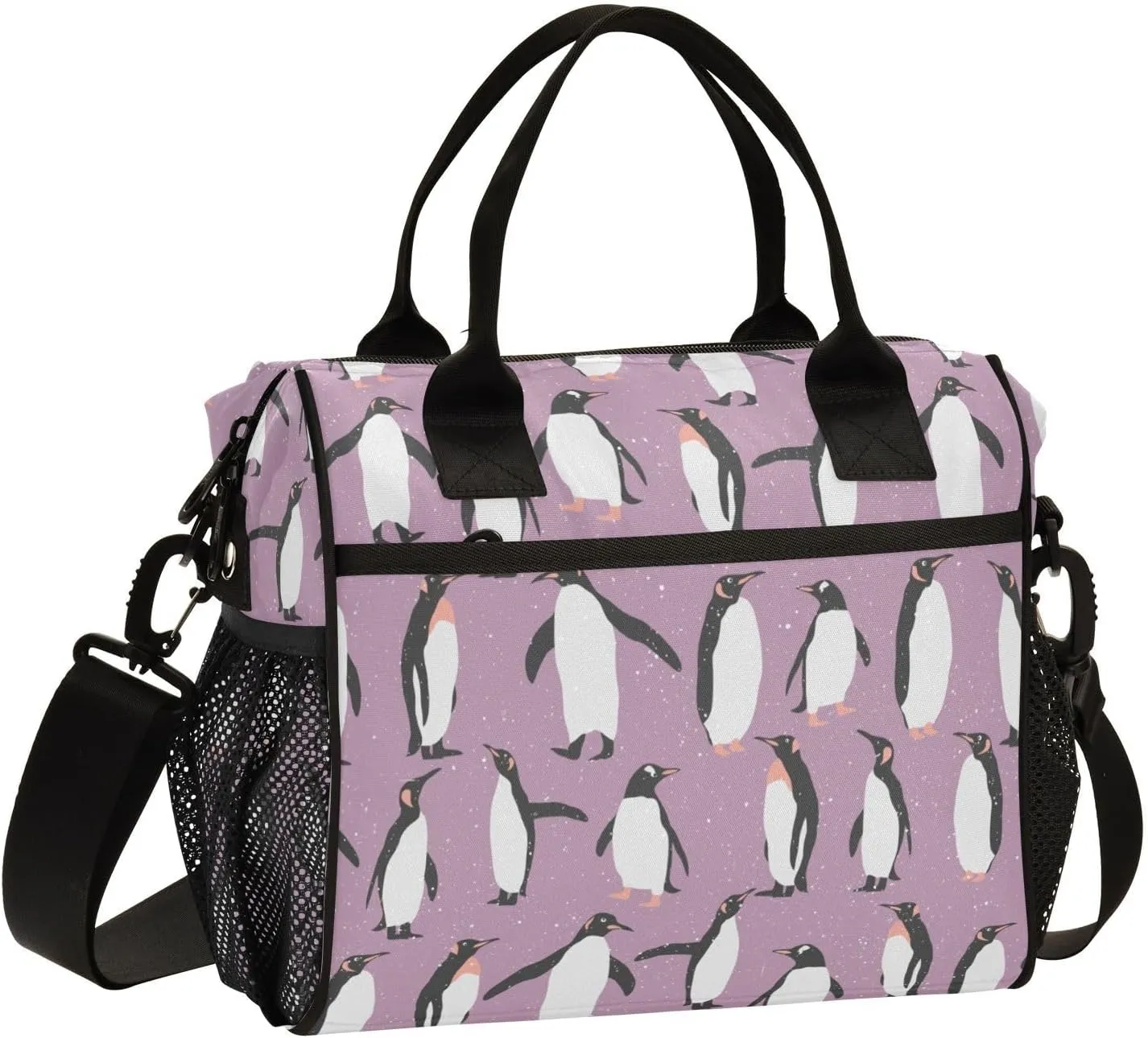 Penguin Purple Lunch Bag Reusable Insulated Lunch Box Cooler Tote Removable Shoulder Strap Meal Picnic Bags for Outdoor Travel Office Work Small