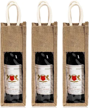 Peohud 3 Pack Burlap Wine Bottle Bags, Jute Wine Gift Bag with Window and Handle, Reusable Wine Carrier Tote Bags for Wedding Birthday Party Christmas Holiday