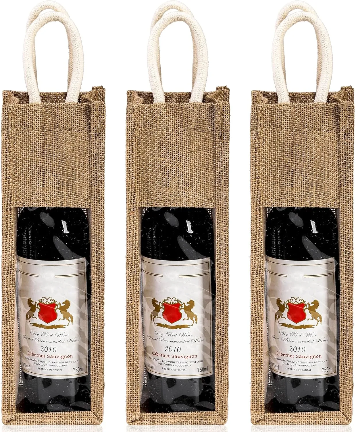 Peohud 3 Pack Burlap Wine Bottle Bags, Jute Wine Gift Bag with Window and Handle, Reusable Wine Carrier Tote Bags for Wedding Birthday Party Christmas Holiday