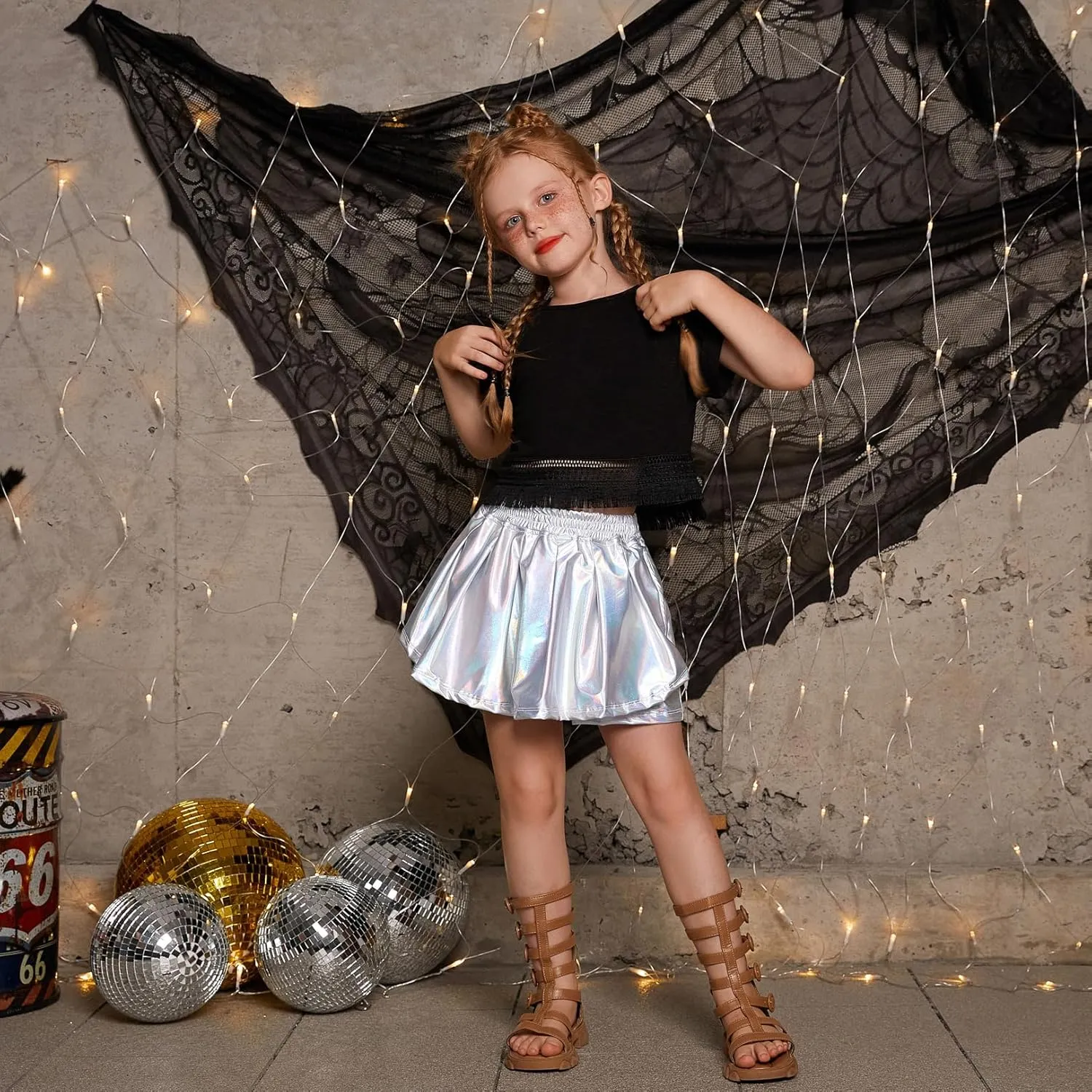 Perfashion Girls' Metallic Skorts Sparkly Shorts Shiny Dance Skirt with Pockets 4-13 Years