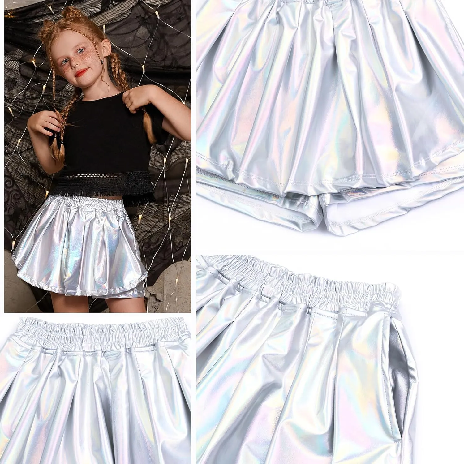 Perfashion Girls' Metallic Skorts Sparkly Shorts Shiny Dance Skirt with Pockets 4-13 Years