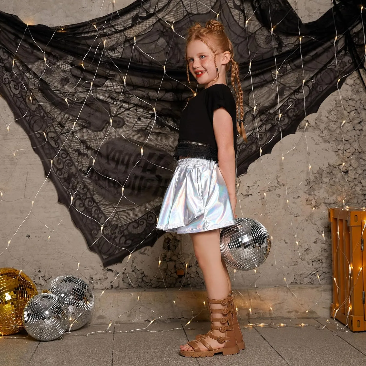 Perfashion Girls' Metallic Skorts Sparkly Shorts Shiny Dance Skirt with Pockets 4-13 Years