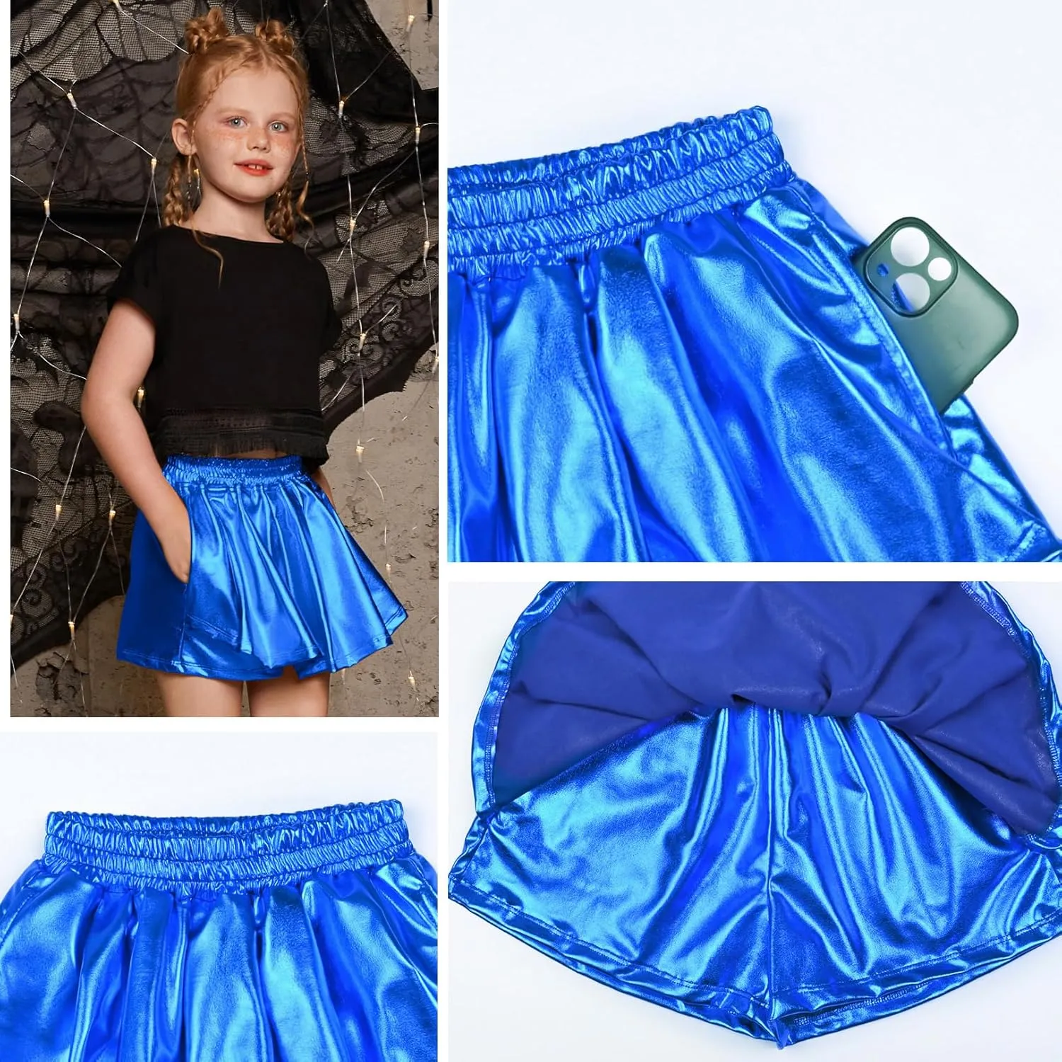Perfashion Girls' Metallic Skorts Sparkly Shorts Shiny Dance Skirt with Pockets 4-13 Years