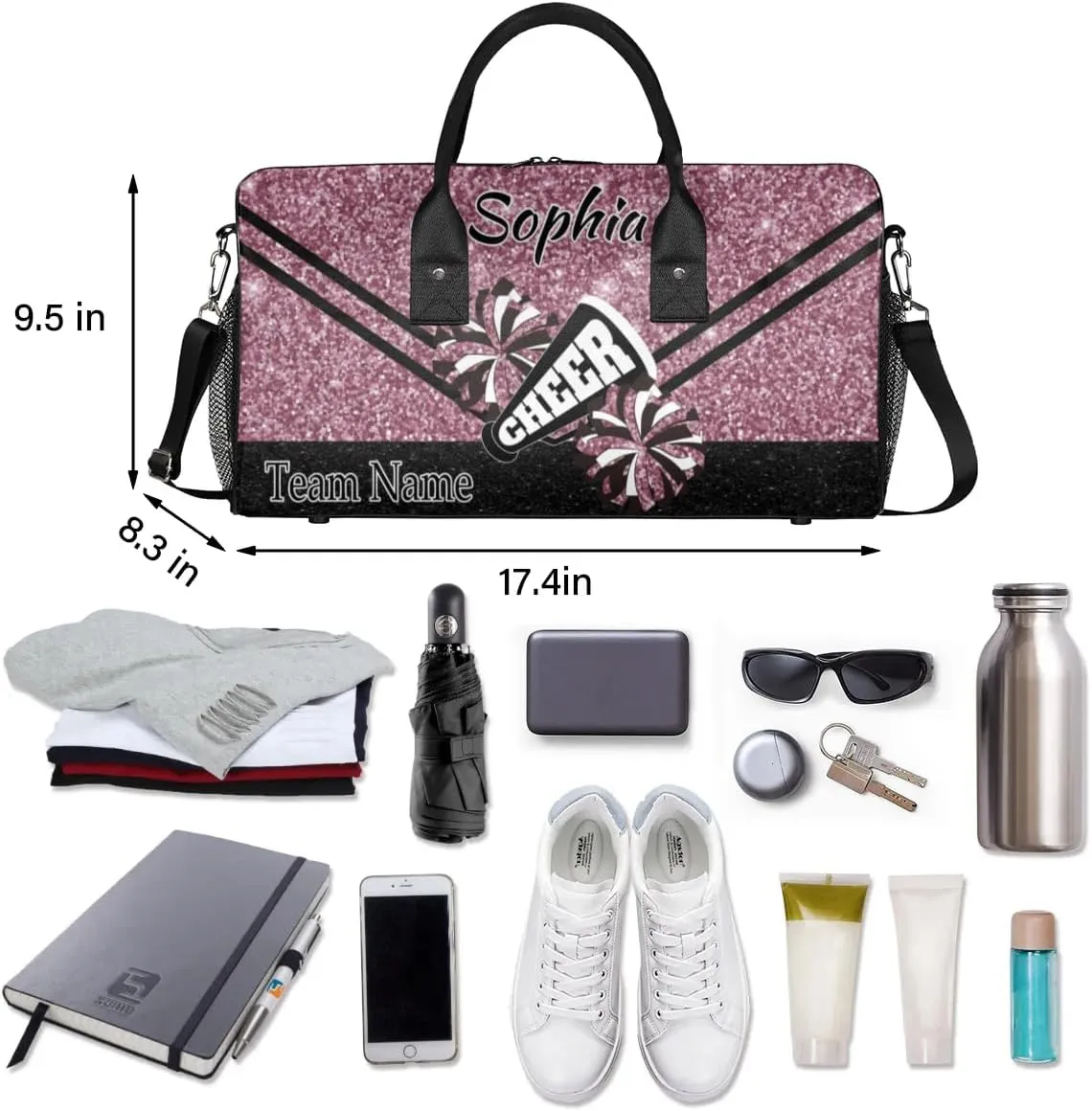 Personalized Cheer Bag, Custom Dance Ballet Bag with Name, Custom Cheer Training Practice Gym Bag Travel Sport Duffel Bag for Women, Dark Pink Glitter