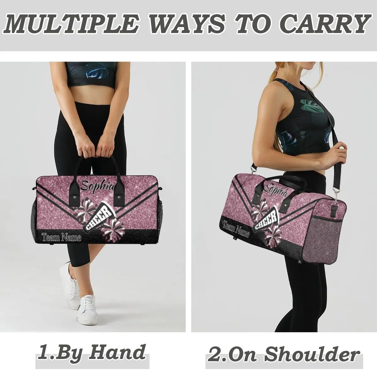Personalized Cheer Bag, Custom Dance Ballet Bag with Name, Custom Cheer Training Practice Gym Bag Travel Sport Duffel Bag for Women, Dark Pink Glitter
