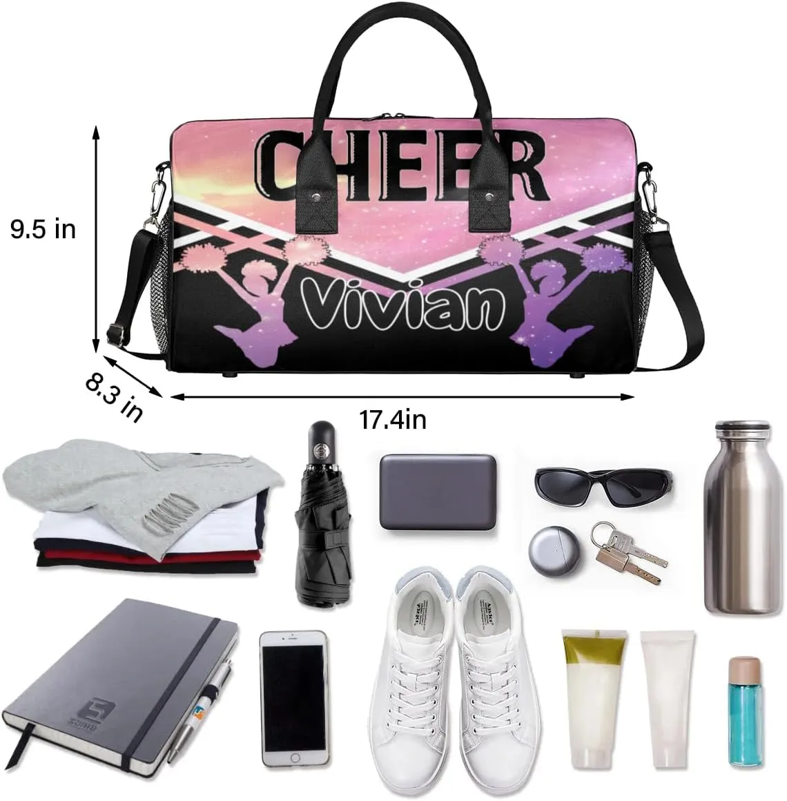 Personalized Cheer Bag for Cheerleader, Custom Sport Duffel Bag with Name Customized Travel Overnight Weekender Bags Dance Bag, Cosmos Rainbows Personalized Cheerleading