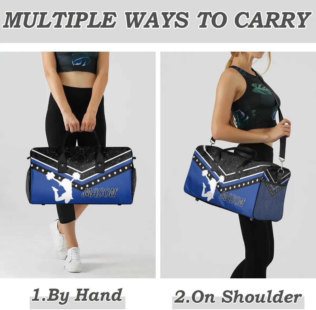 Personalized Cheer Bag for Cheerleader, Sport Duffel Bag with Name Customized Travel Overnight Weekender Bags, Cobalt Blue Cheerleading Silhouette