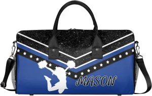 Personalized Cheer Bag for Cheerleader, Sport Duffel Bag with Name Customized Travel Overnight Weekender Bags, Cobalt Blue Cheerleading Silhouette