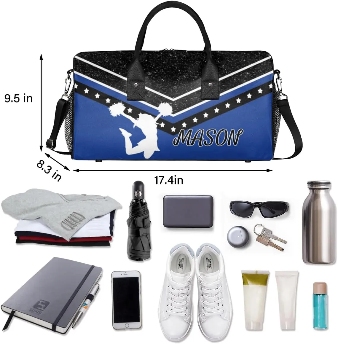 Personalized Cheer Bag for Cheerleader, Sport Duffel Bag with Name Customized Travel Overnight Weekender Bags, Cobalt Blue Cheerleading Silhouette