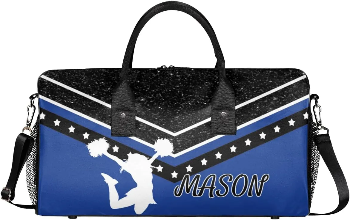 Personalized Cheer Bag for Cheerleader, Sport Duffel Bag with Name Customized Travel Overnight Weekender Bags, Cobalt Blue Cheerleading Silhouette