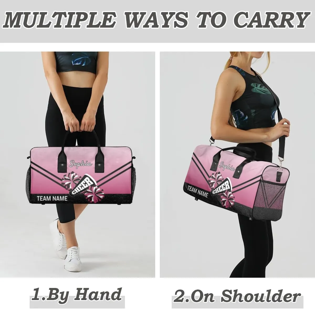 Personalized Cheerleader Cheer Bag Sport Duffel Bag with Team Name for Women Customized Name Travel Overnight Weekender Bags, Dark Pink Gradient Cheerleading